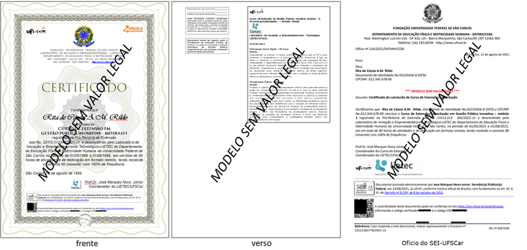 Modelo certificado, frente e verso, junto com ofício SEI-UFSCar